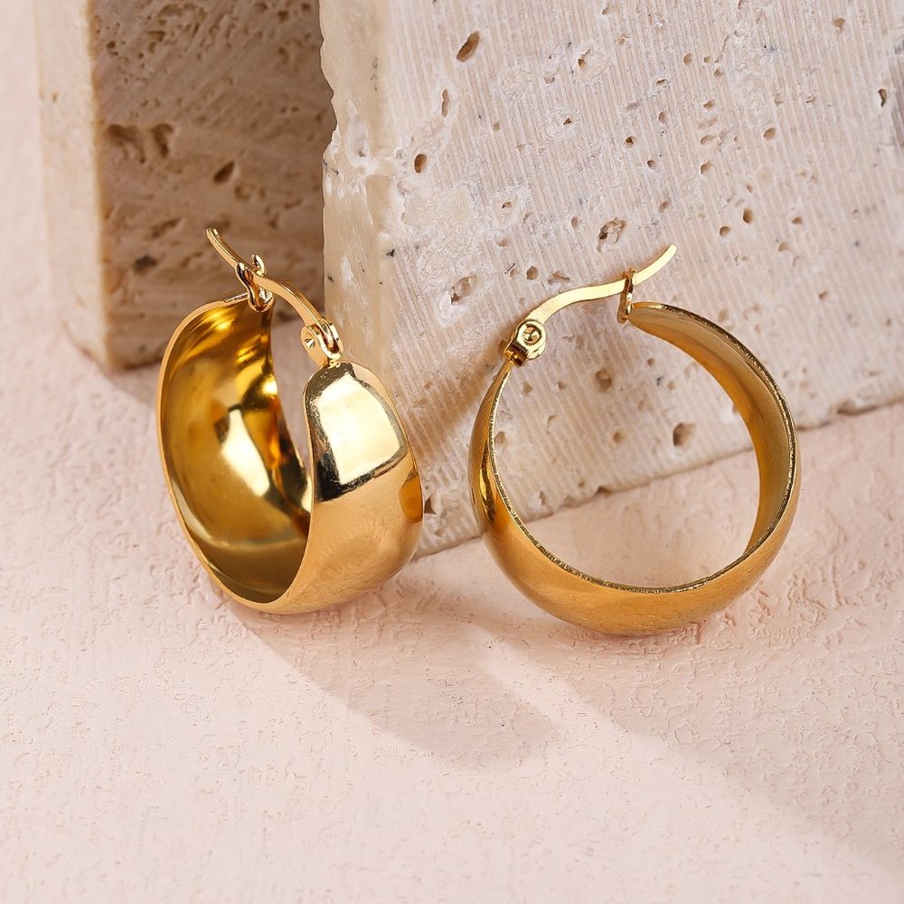 Gold Hoop Earrings, Vintage Stainless Steel Mirror Finish Hoop Earrings - Picture 2 of 4
